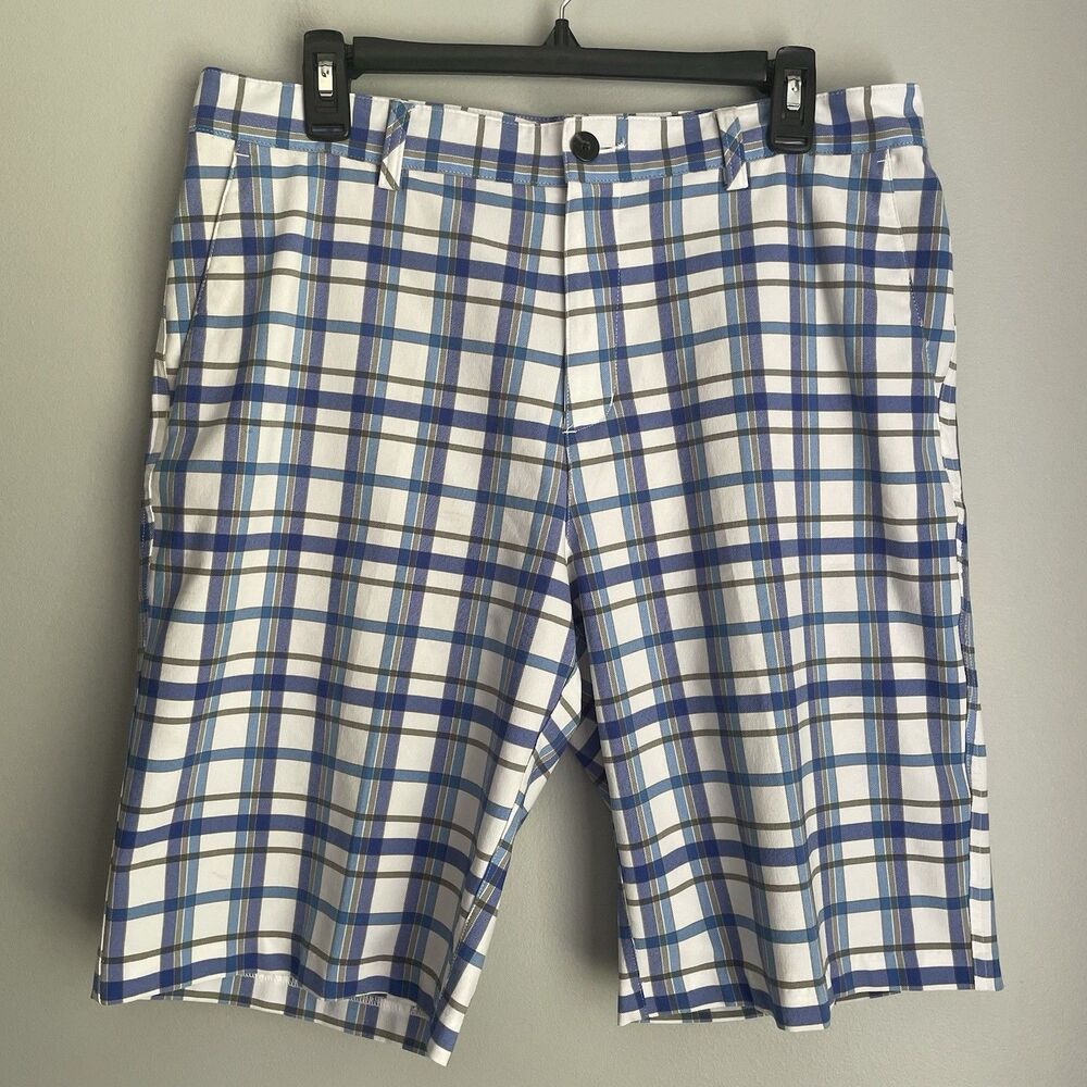 Adidas Shorts Men's Size 33 Blue Tan Plaid Golf Chino Polyester 10.5" Inseam